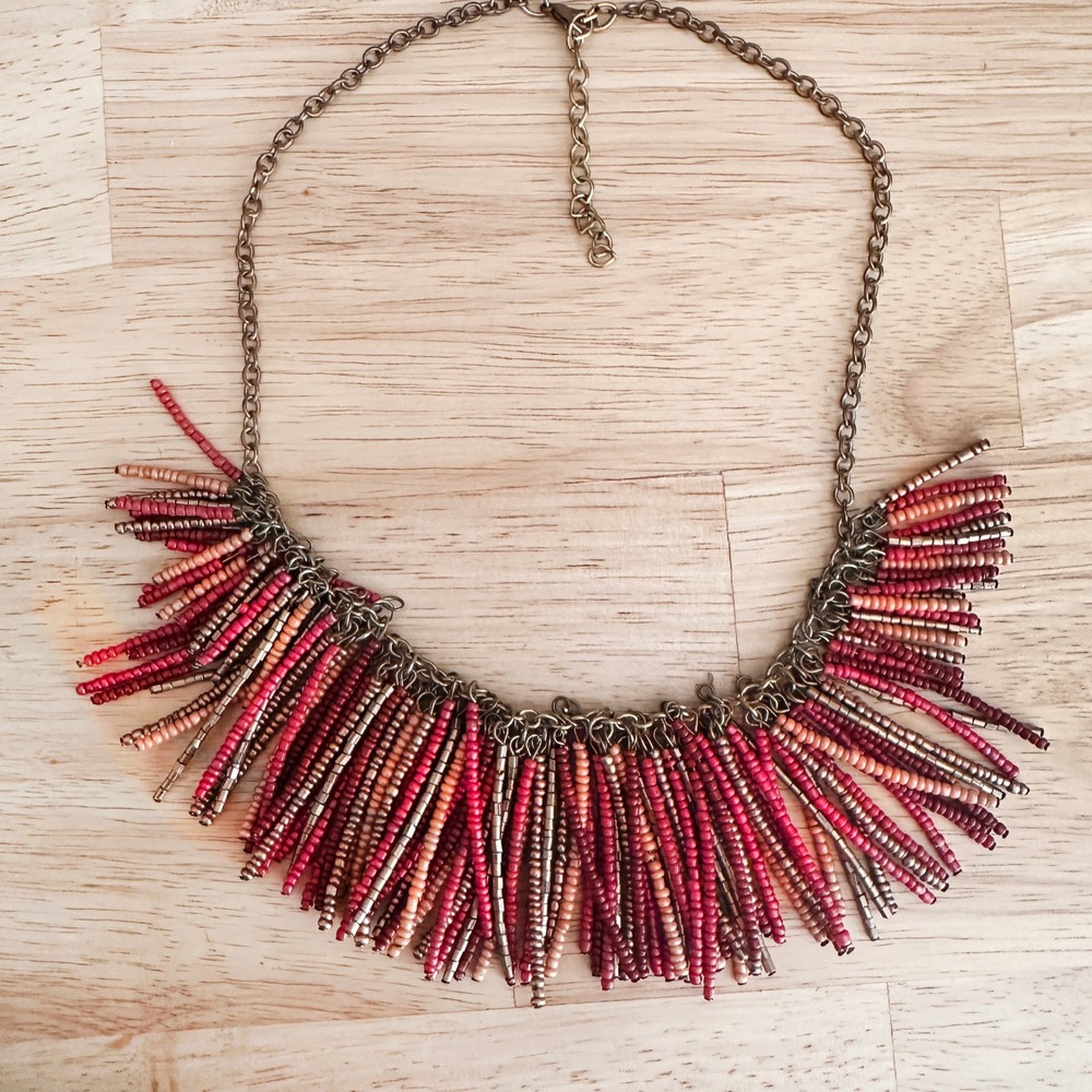Southwestern Seed‎ Bead Fringe Necklace Boho Red Gold Statement 18" + Extender